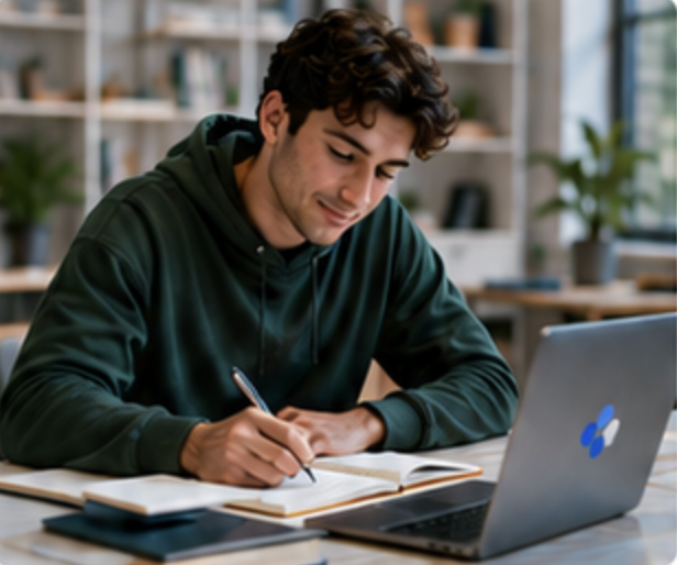 Student studying with notes and a laptop